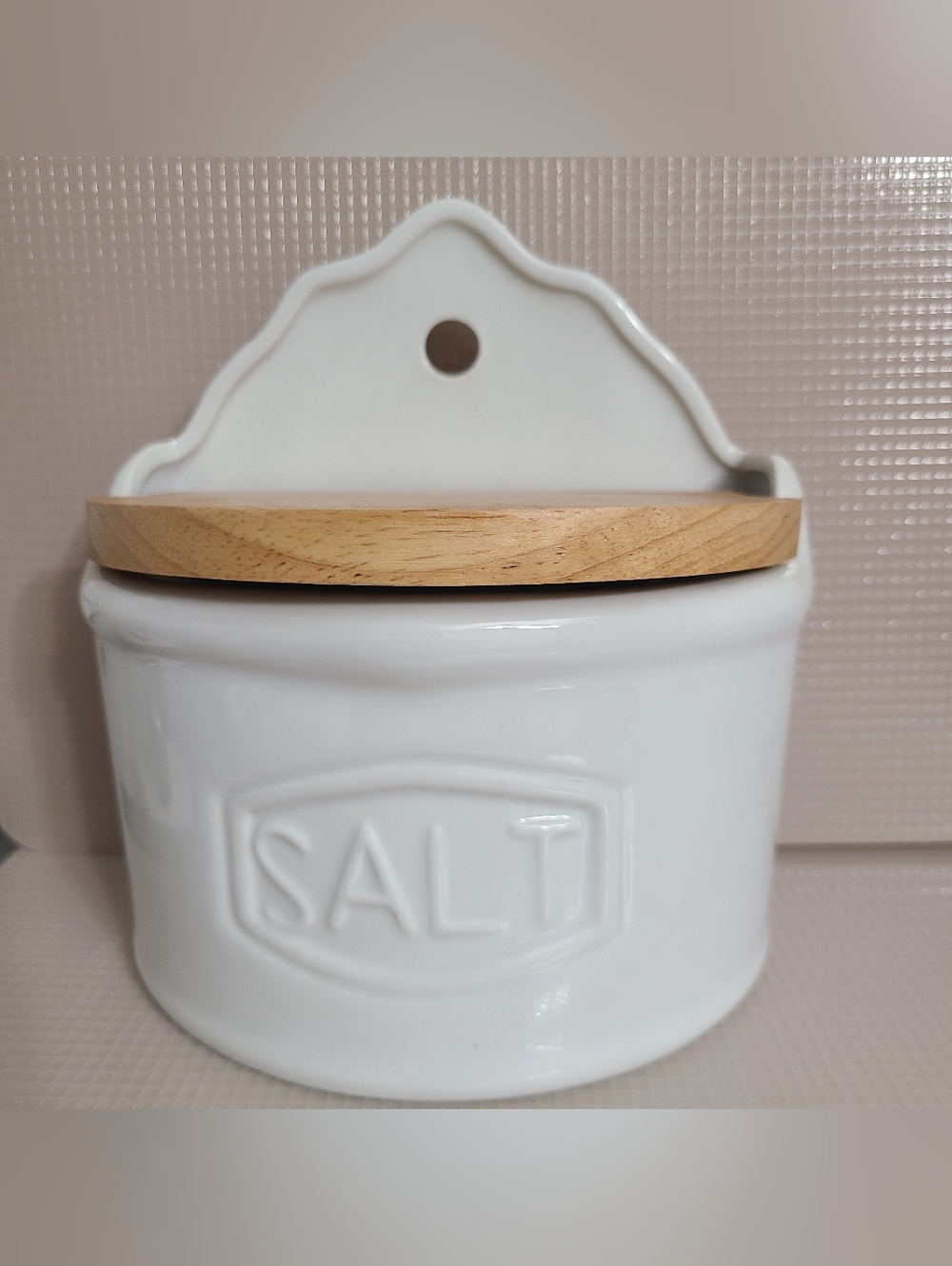 Pottery Barn Salt Cellar Holder Wall Hanger White Ceramic Wood Lid 7" X 6"
